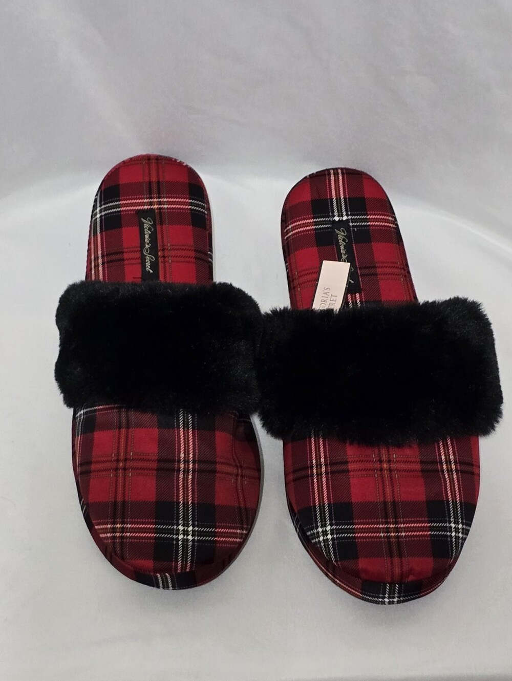 Victoria’s Secret Red Plaid Signature Satin Faux Fur Slide Slippers Size L